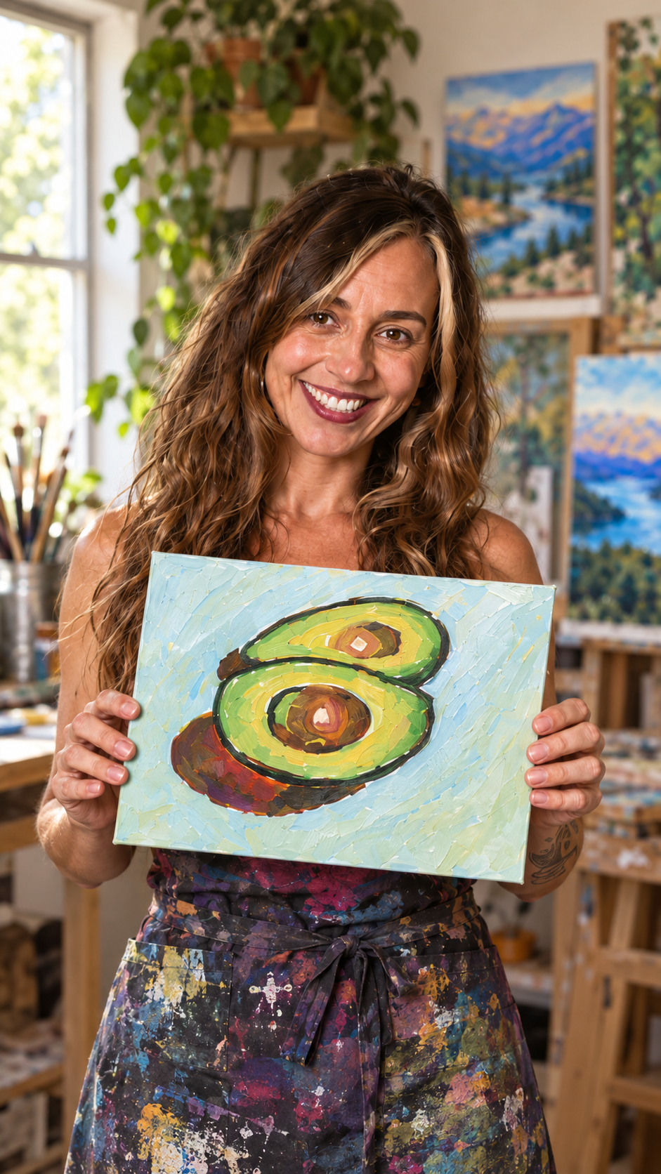 Paloma holding an original avocado painting